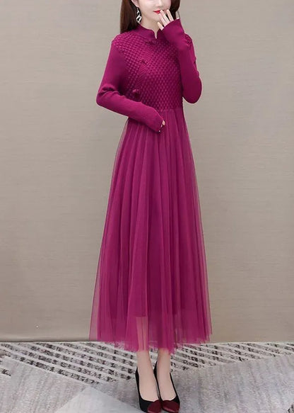 Rose Chinese Button Patchwork Silm Fit Knit Dress Spring