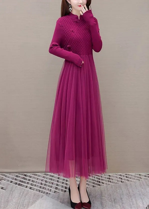 Rose Chinese Button Patchwork Silm Fit Knit Dress Spring