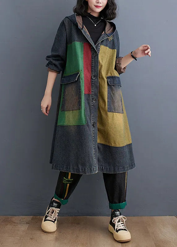 Colorblock Patchwork Button Hooded Denim Trench Coat Long Sleeve