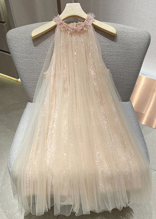 Pink Sequins Tulle Mini Dress Sleeveless
