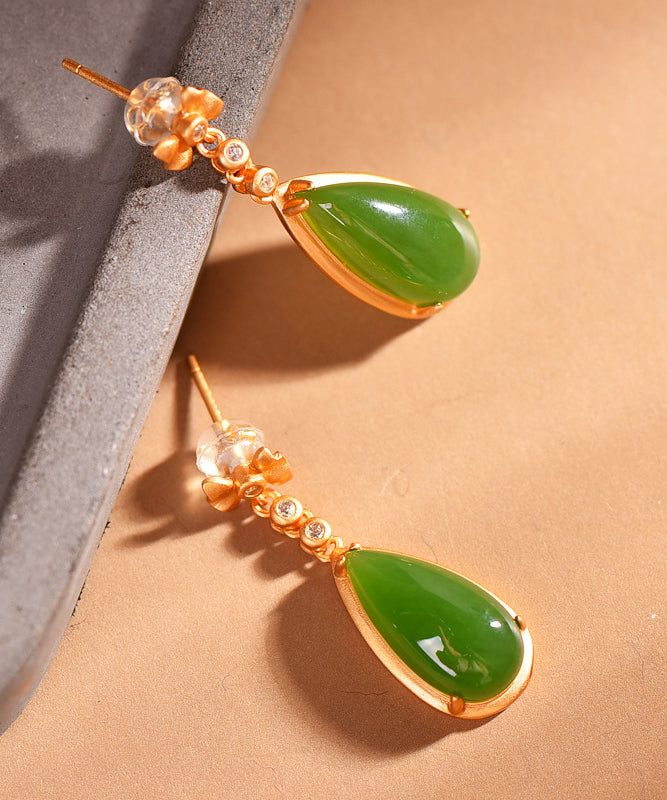 Green Hollow Out Sterling Silver Inlaid Hetian Jade Drop Earrings