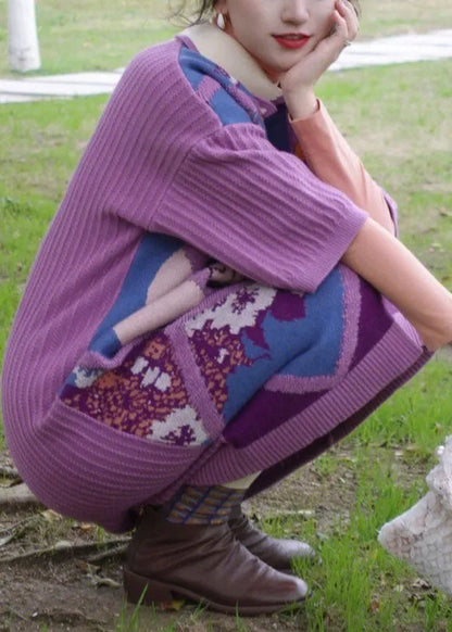 Purple Peter Pan Collar Print Warm Cotton Knit Long Sweaters Dress Fall