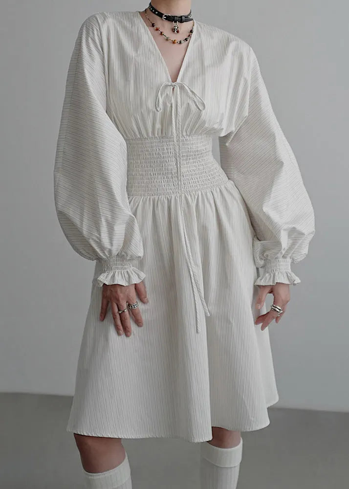 Beige Lace Up High Waist Cotton Dress V Neck Butterfly Sleeve