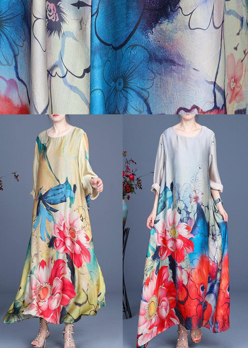 Fitted Yellow Print Long Sleeve Chiffon Maxi Dresses Summer