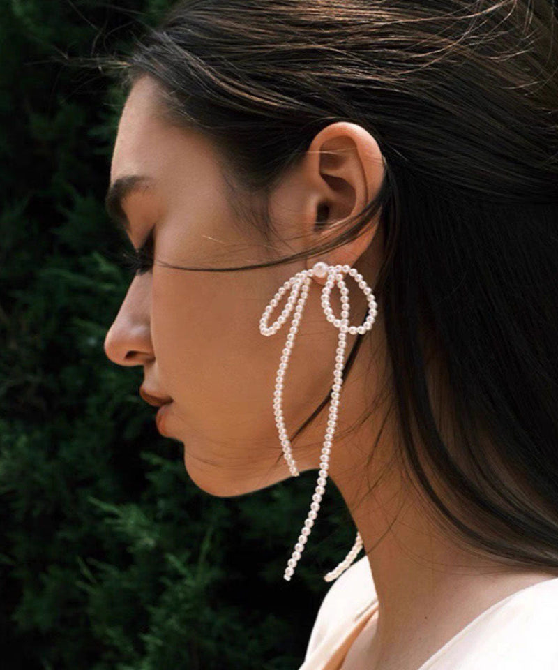 White Alloy Bow Beading Tassel Drop Earrings