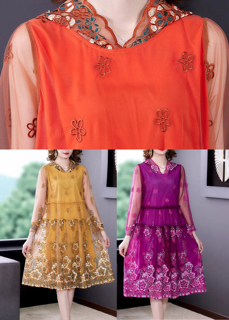 Vogue Orange Embroideried Tulle Hooded Long Dresses Spring