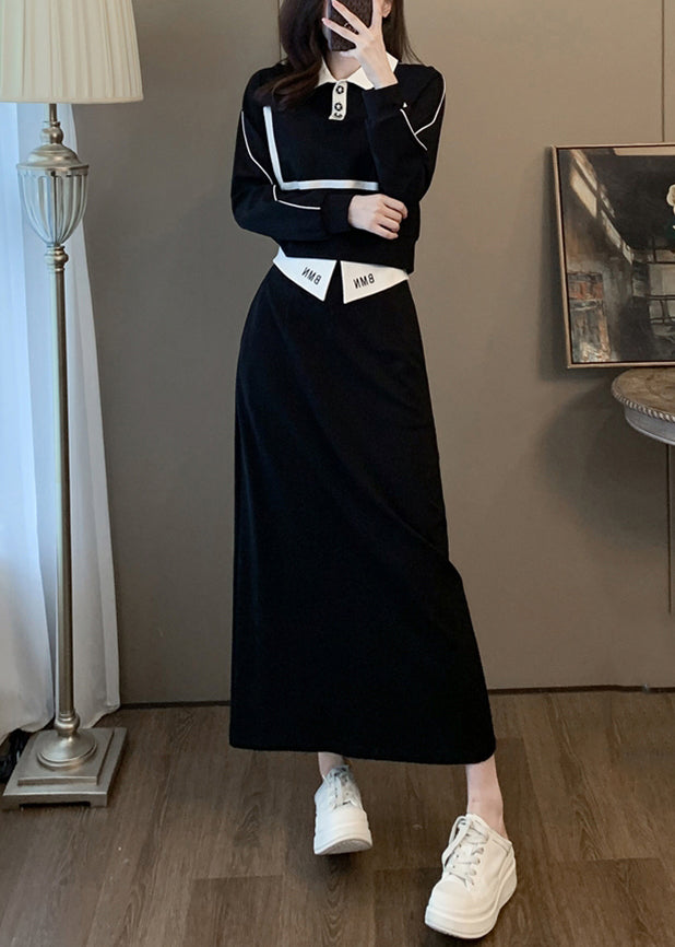Black Peter Pan Collar High Waist Cotton Two Pieces Set Spring