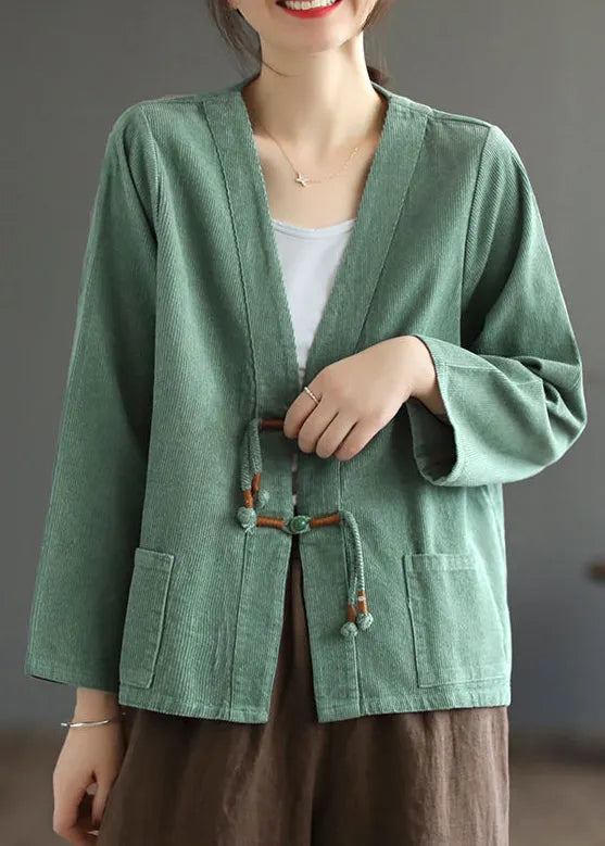 Green Tasseled Pockets Patchwork Corduroy Coat Fall