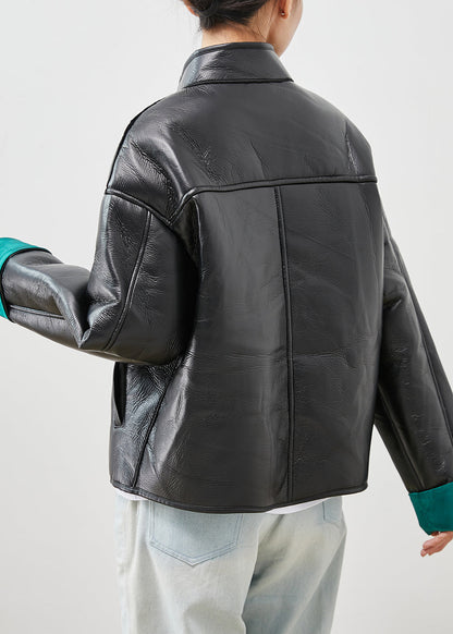 Black Print Patchwork Warm Fleece Faux Leather Jackets Winter