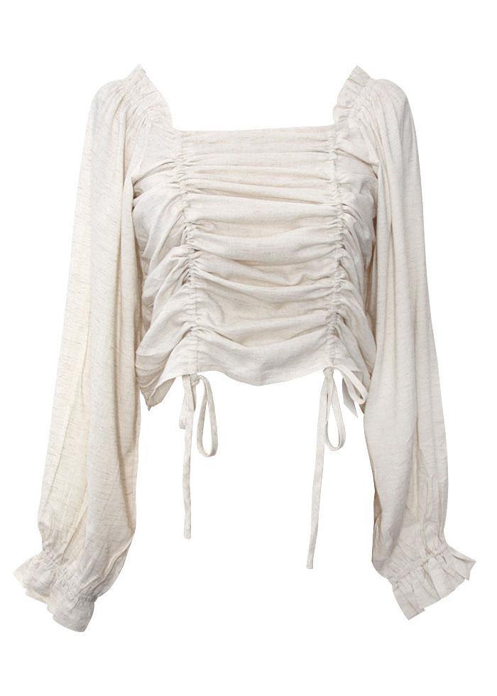 Unique Beige Cinched Lantern Sleeve Cotton Summer Shirts