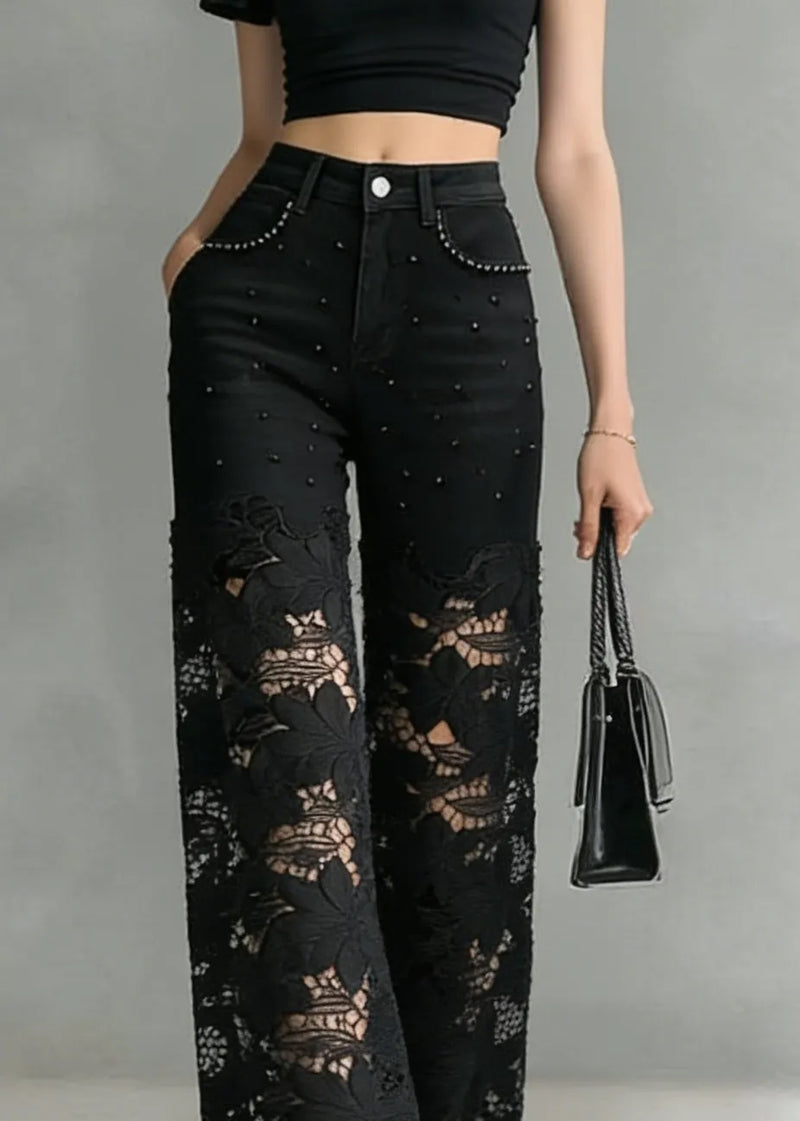 Black Lace Hollow Out Nail Bead Denim Pants Summer