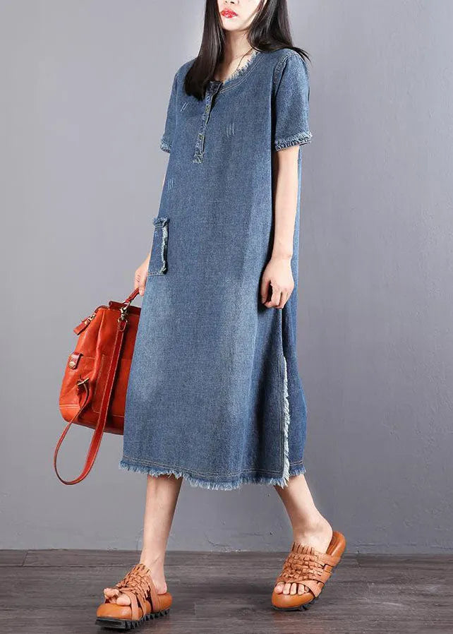 Blue Pockets Button Fall Denim Short Sleeve Party Dress