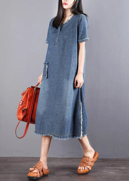 Blue Pockets Button Fall Denim Short Sleeve Party Dress