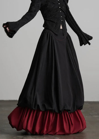 Black Wrinkled Patchwork False Two Pieces Cotton Skirts Fall