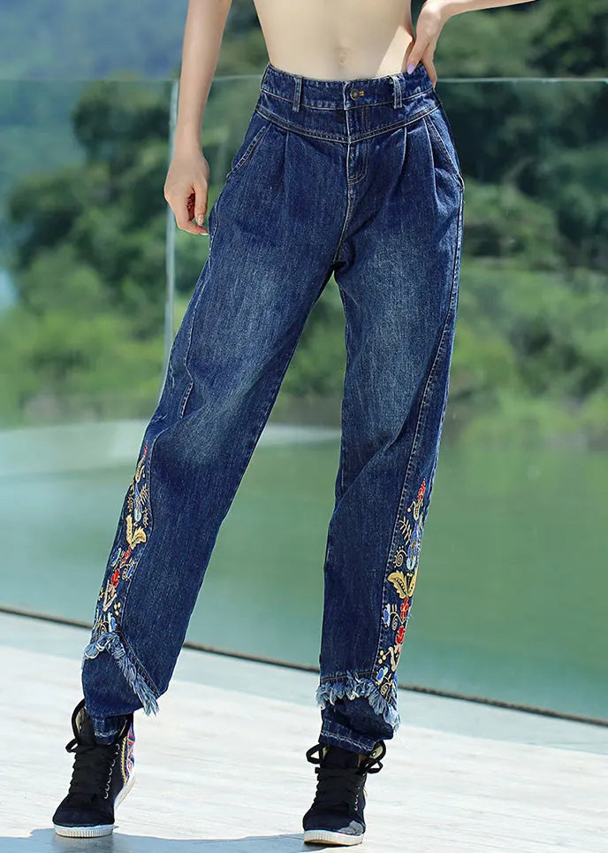 Retro Denim Blue Button Embroideried Straight Pants Spring