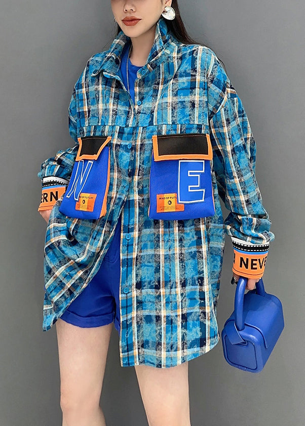 Blue Plaid Button Patchwork Cotton Blouses Long Sleeve