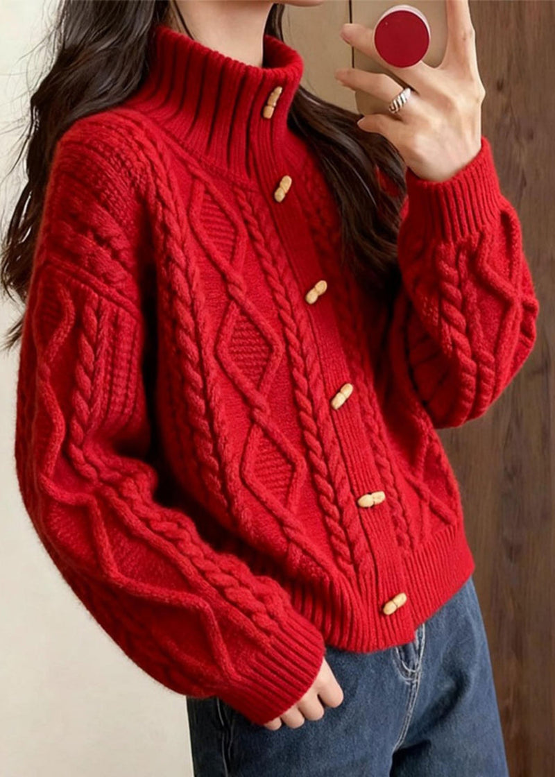 Red Stand Collar Cable Knit Cardigan Winter