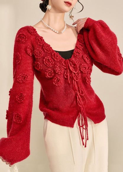 Style Red V Neck Drawstring Cotton Knit Sweater Lantern Sleeve Winter