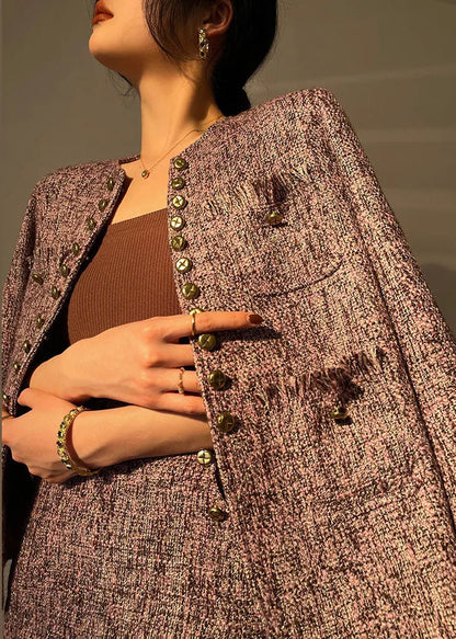 Boutique Light Purple O-neck Tassel Button Cotton Coats and Skirts Two-piece Set Fall