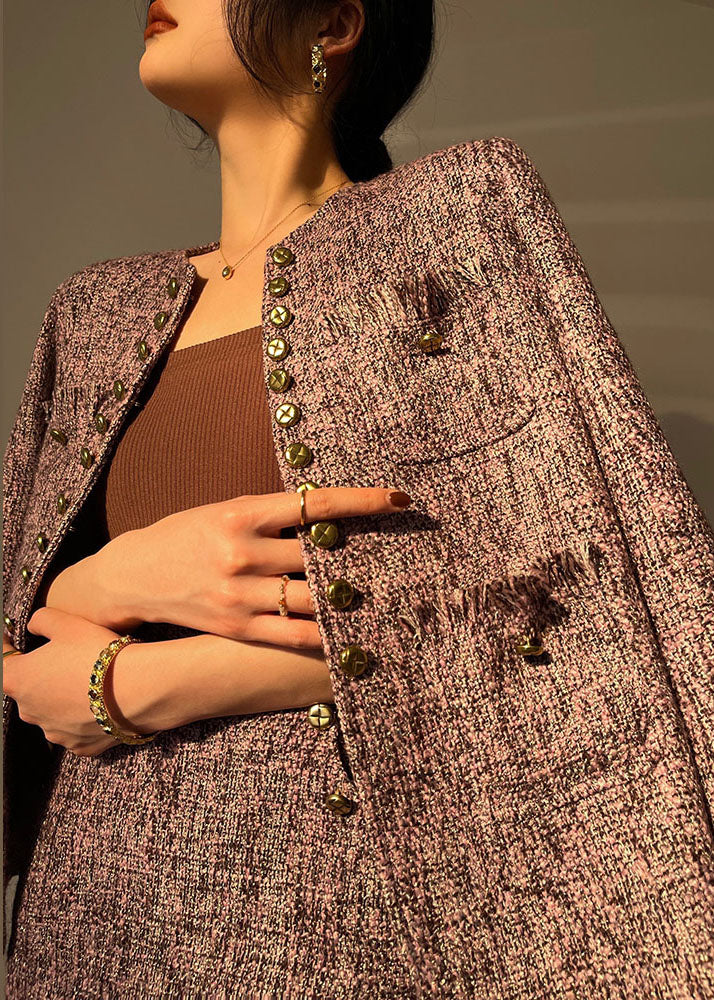 Boutique Light Purple O-neck Tassel Button Cotton Coats and Skirts Two-piece Set Fall