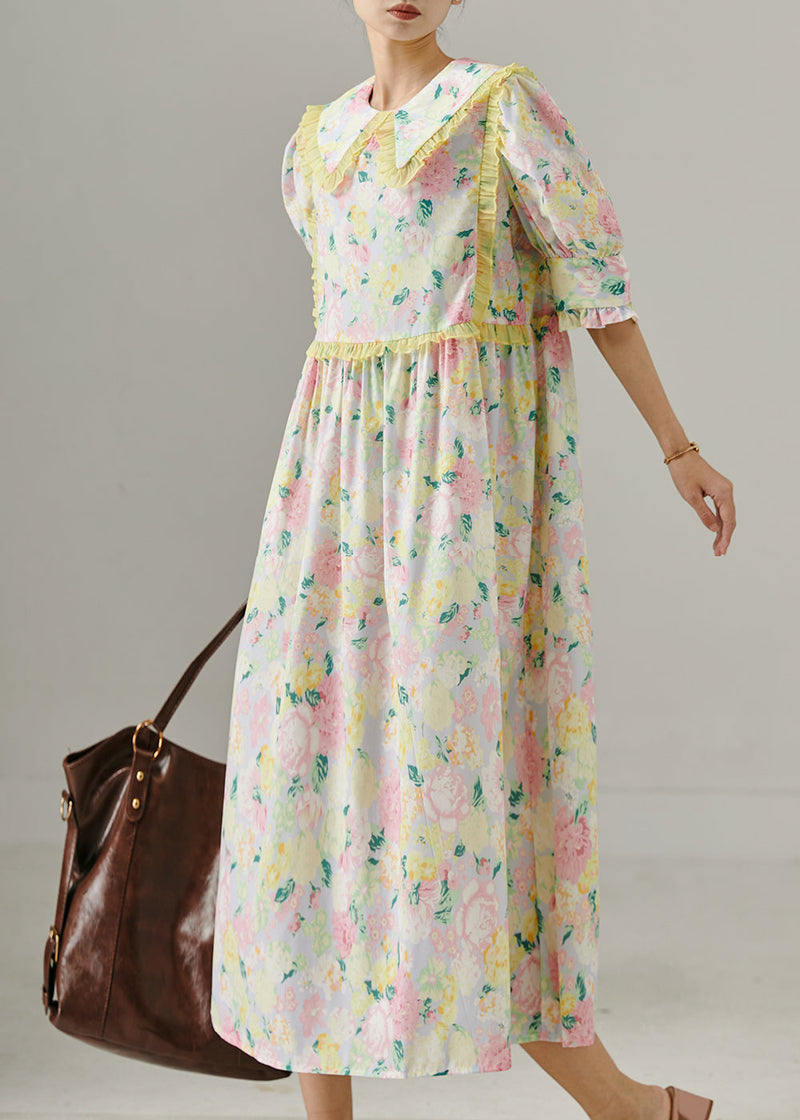 Modern Pink Ruffle Print Holiday Cotton Dress Puff Sleeve Summer