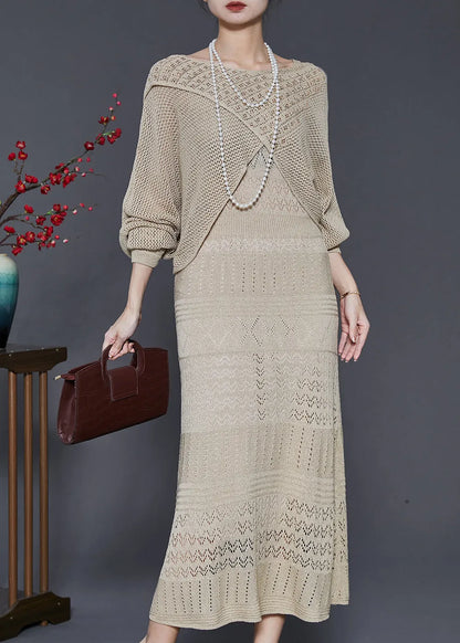 Khaki Hollow Out Knit Dress Two-piece Set Spring