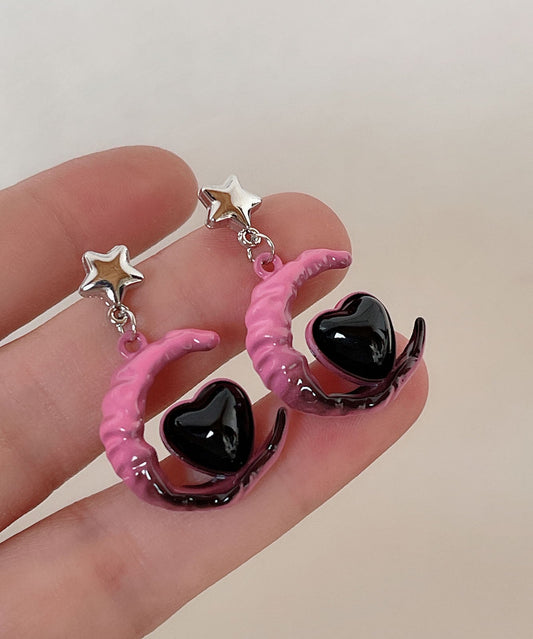 Gradient Color Pink Sterling Silver Alloy Glass Moon Love Drop Earrings