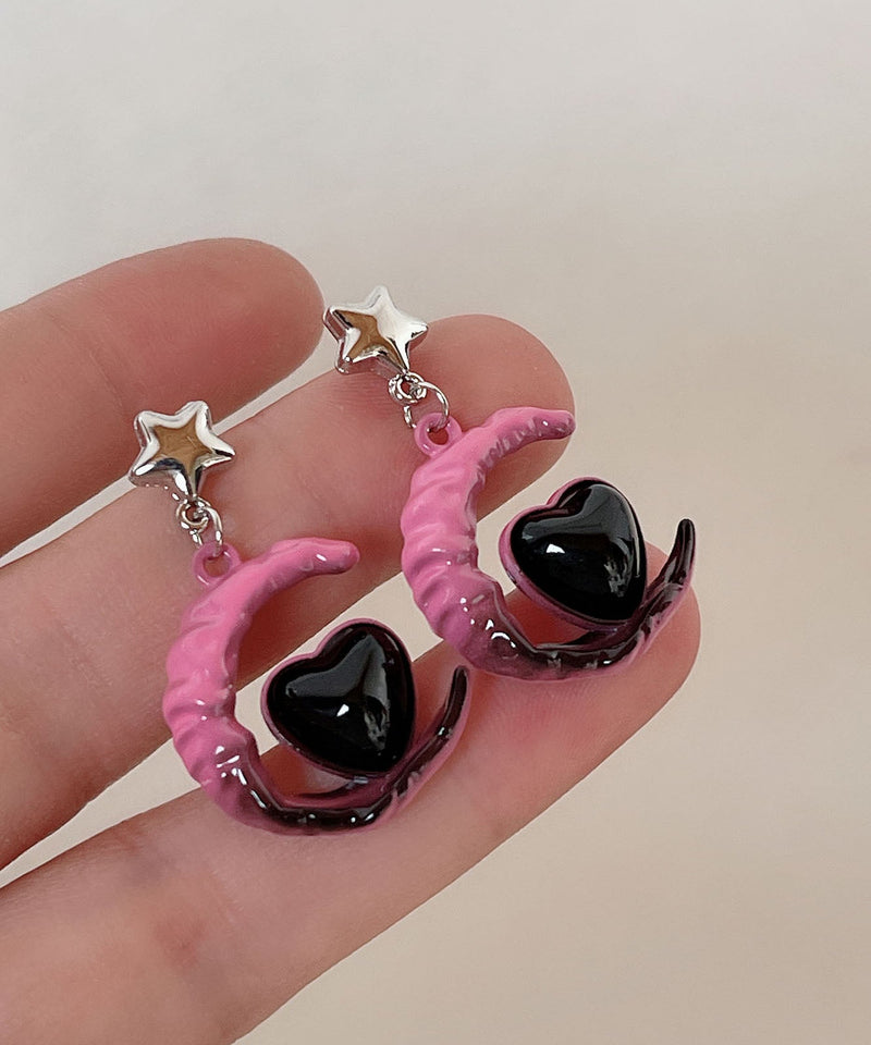 Gradient Color Pink Sterling Silver Alloy Glass Moon Love Drop Earrings