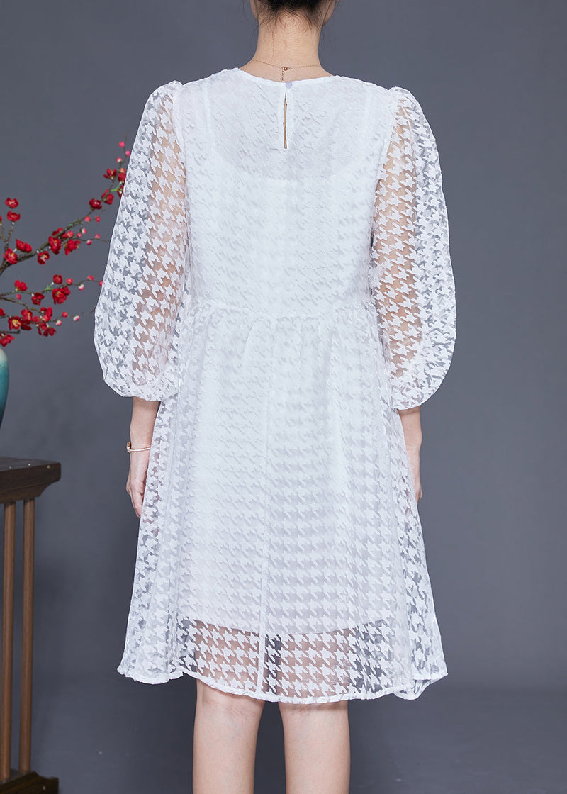 White Hollow Out Exra Large Hem Tulle Maxi Dress Puff Sleeve