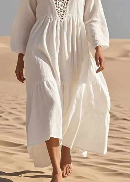 French White Oversized Hollow Out Cotton Long Dresses Fall
