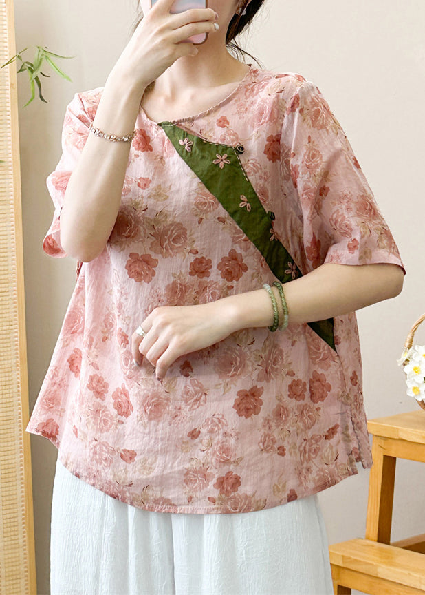 Stylish Print O-neck Ramie T Shirt Short Sleeve