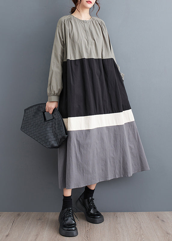 Black O Neck Patchwork Cotton Long Dress Fall