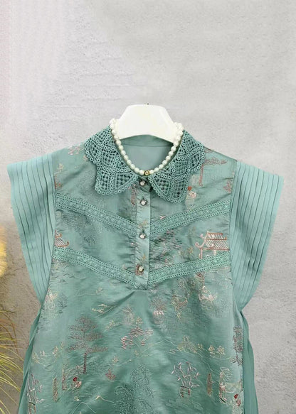 New Green Embroidered Tops and Shorts Cotton Sets 2 Pieces Sleeveless