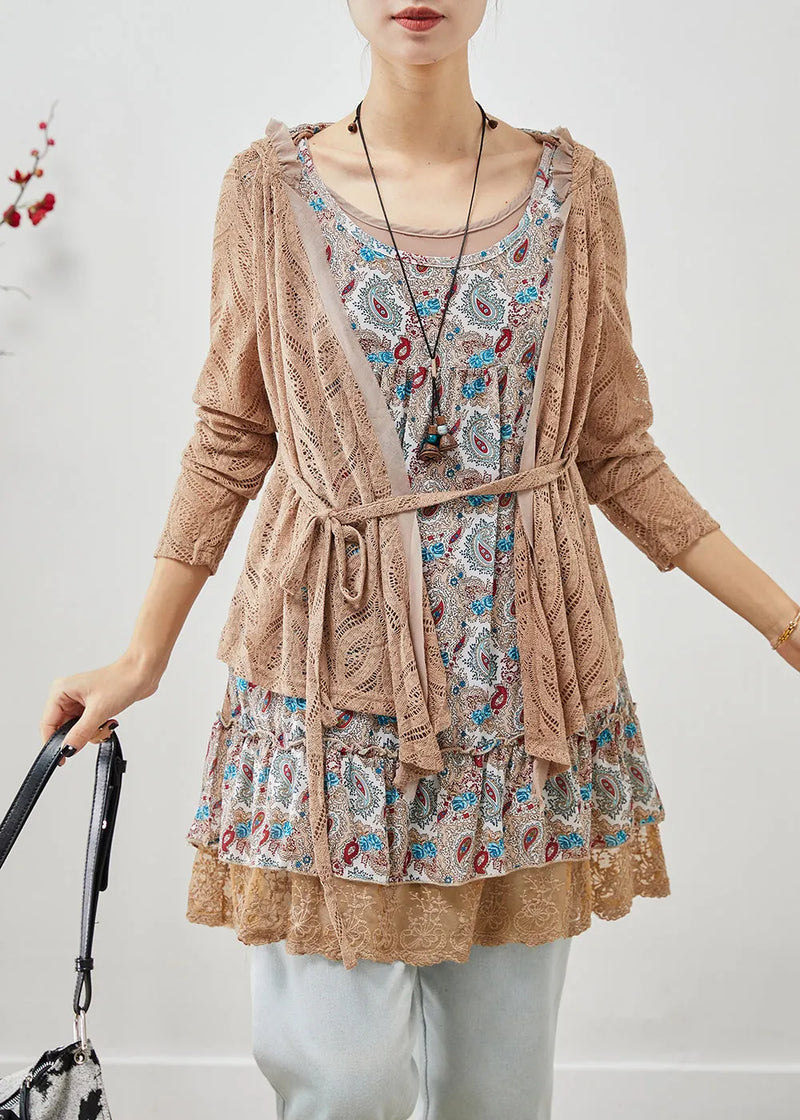 Khaki Hooded Patchwork Wrinkled Cotton Fake Two Piece Mini Dress Fall