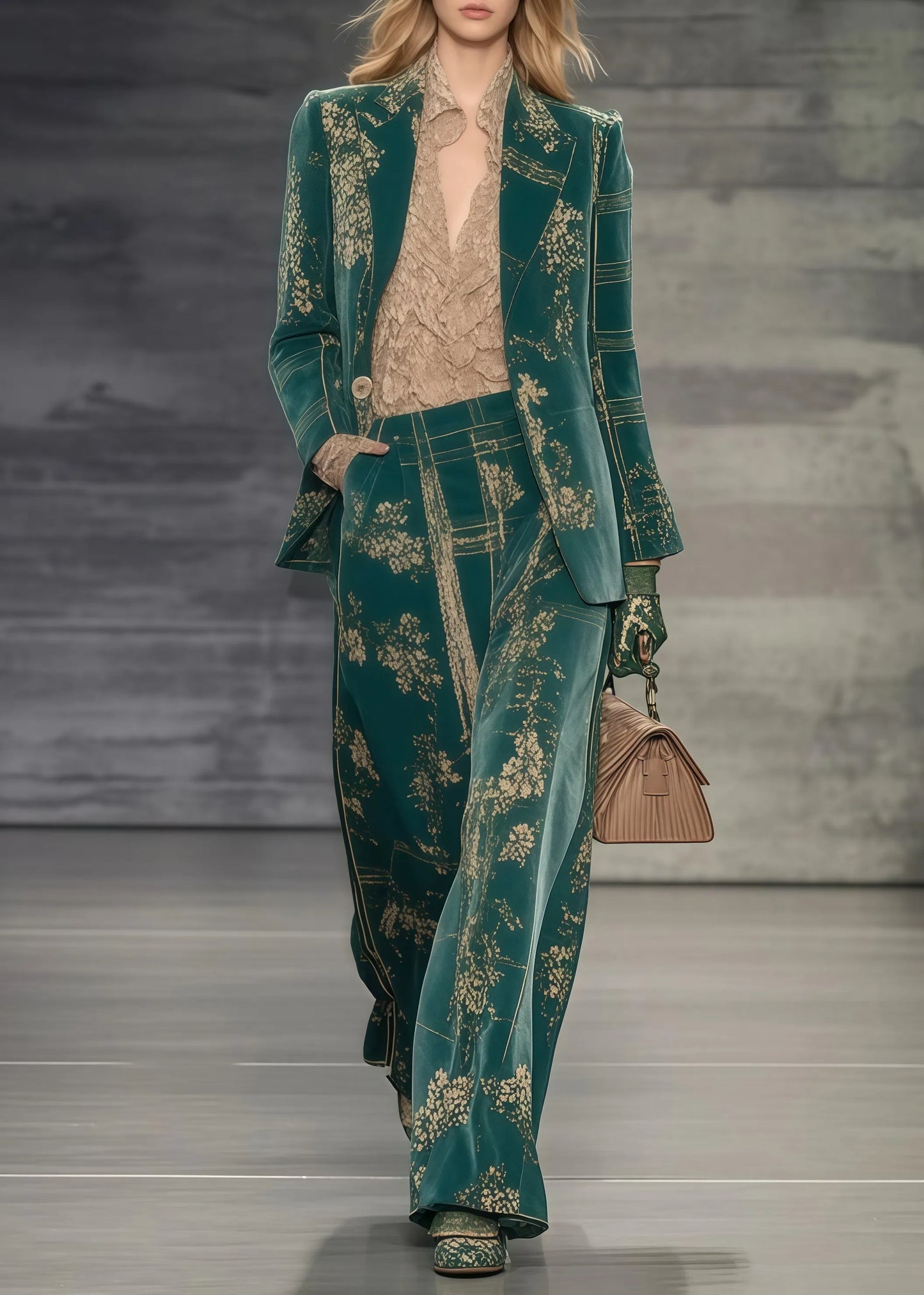 Green Oversized Print Spandex Coats and Straight Pants Two Piece Set Spring