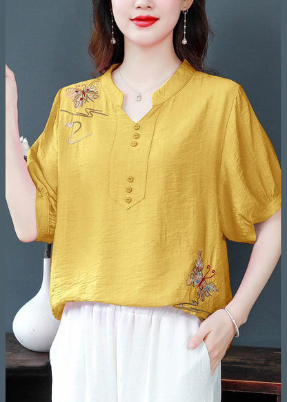 Yellow Embroidered Cotton Blouse Summer