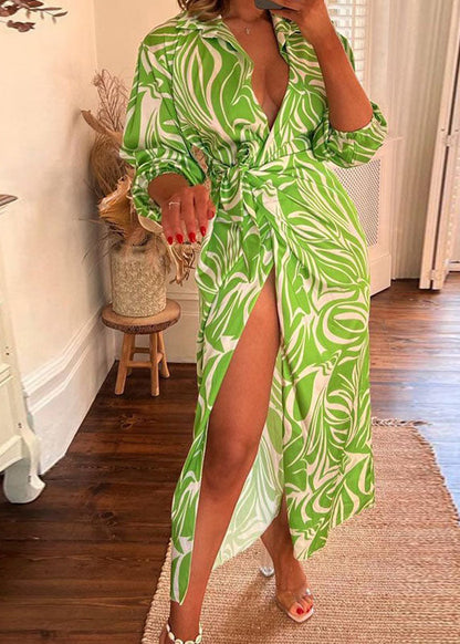 White Orange Asymmetrical Tie Waist Maxi Dresses Long Sleeve