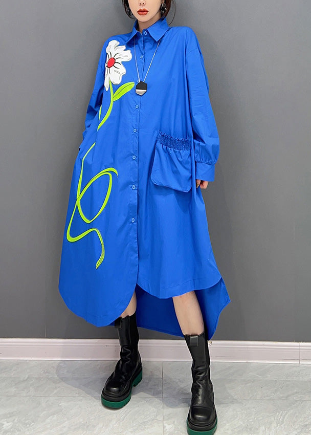 Blue Peter Pan Collar Asymmetrical Print Button Maxi Shirts Dress Long Sleeve