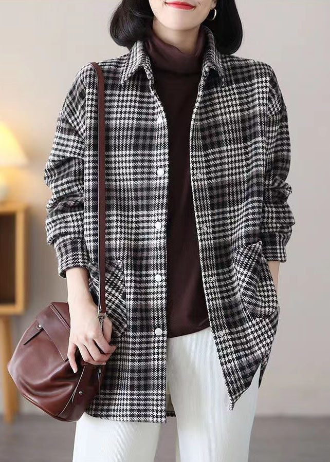 Black Peter Pan Collar Plaid Pockets Patchwork Warm Fleece Thick Shirts Winter