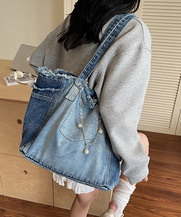 Gradient Blue Tasseled Large Capacity Denim Shoulder Bags
