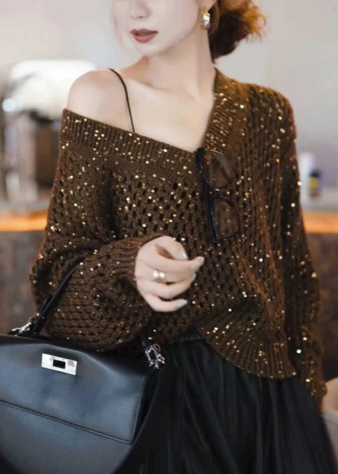 Handmade Coffee Sequins Hollow Out Cozy Knit Sweater Spring