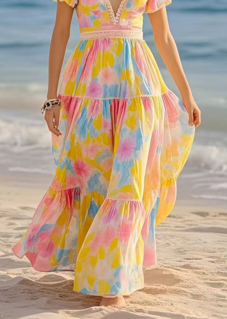 Diy Rainbow Puff Sleeve Print Chiffon Beach Dress Summer