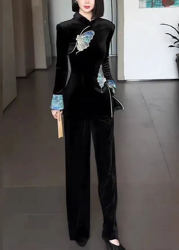 Chinese Style Black Stand Collar Embroidered Velour Two Pieces Set Spring