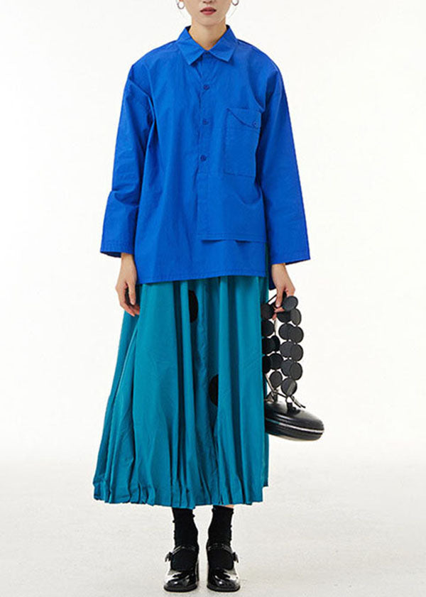 Blue Asymmetrical Design Patchwork Cotton Shirts Top Long Sleeve