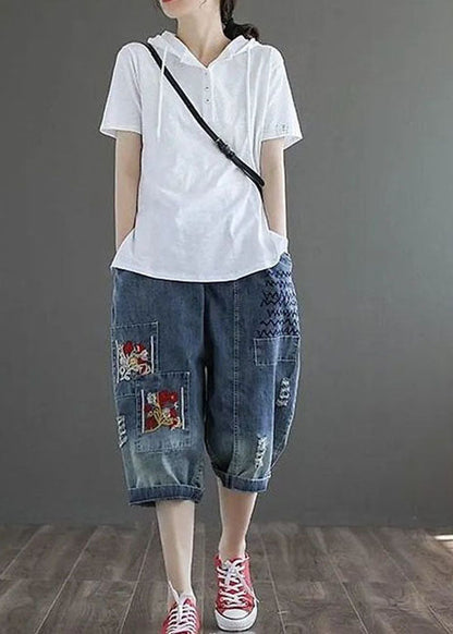 Denim Blue Hole Embroideried Pockets Cotton Harem Pants Summer