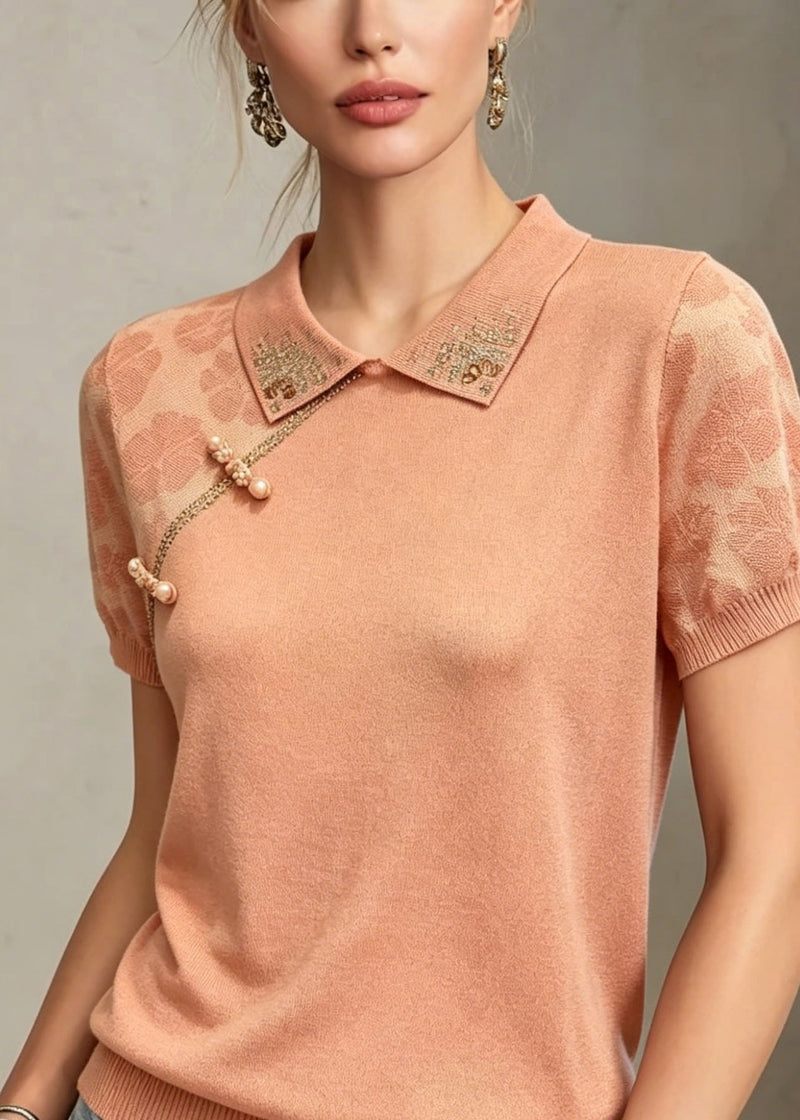 Jacquard Peter Pan Collar Zircon Thin Knit Tops Summer