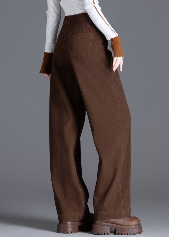 Coffee Pockets Denim Pants High Waist Spring