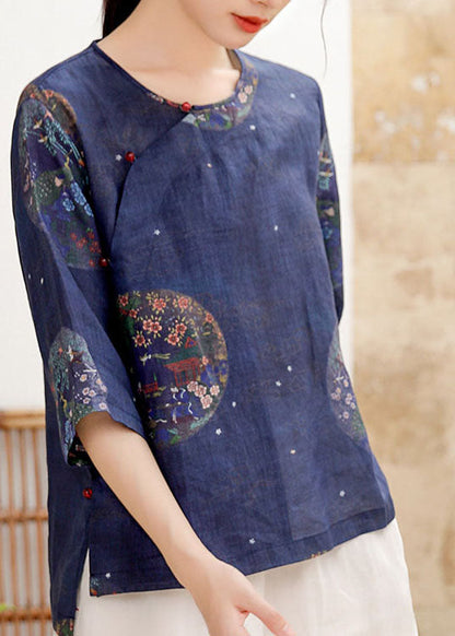 Tibetan Blue Button O-neck Print Linen Shirt Tops Half Sleeve