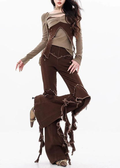 Unique Brown Tassel Ruffled Patchwork Denim Pants Fall