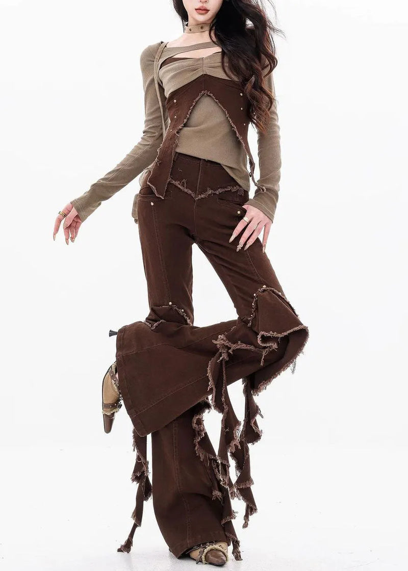 Unique Brown Tassel Ruffled Patchwork Denim Pants Fall